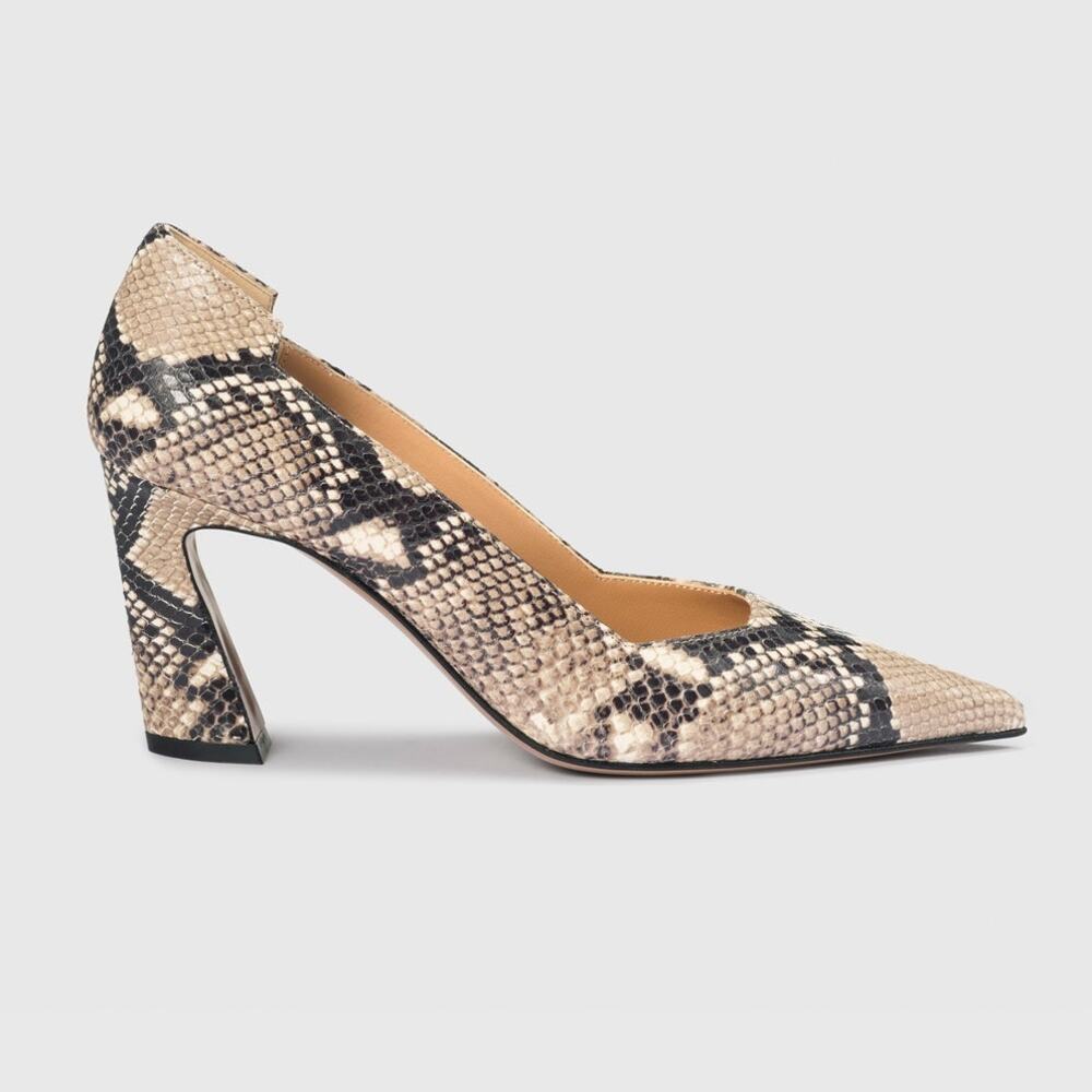 THE FOLD Milano Snake Embossed Leather Heels Beige Pointed Toe Women's 36/US 5